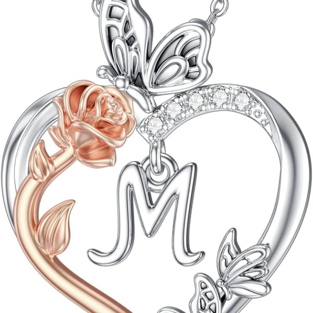 Rose Heart Necklace Sterling Silver Heart Initial Jewelry for Women Gifts